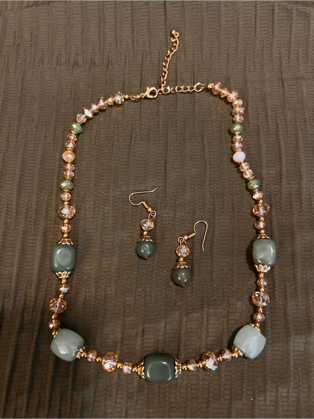 Gold-Tone Green Bead Necklace & Earrings Set